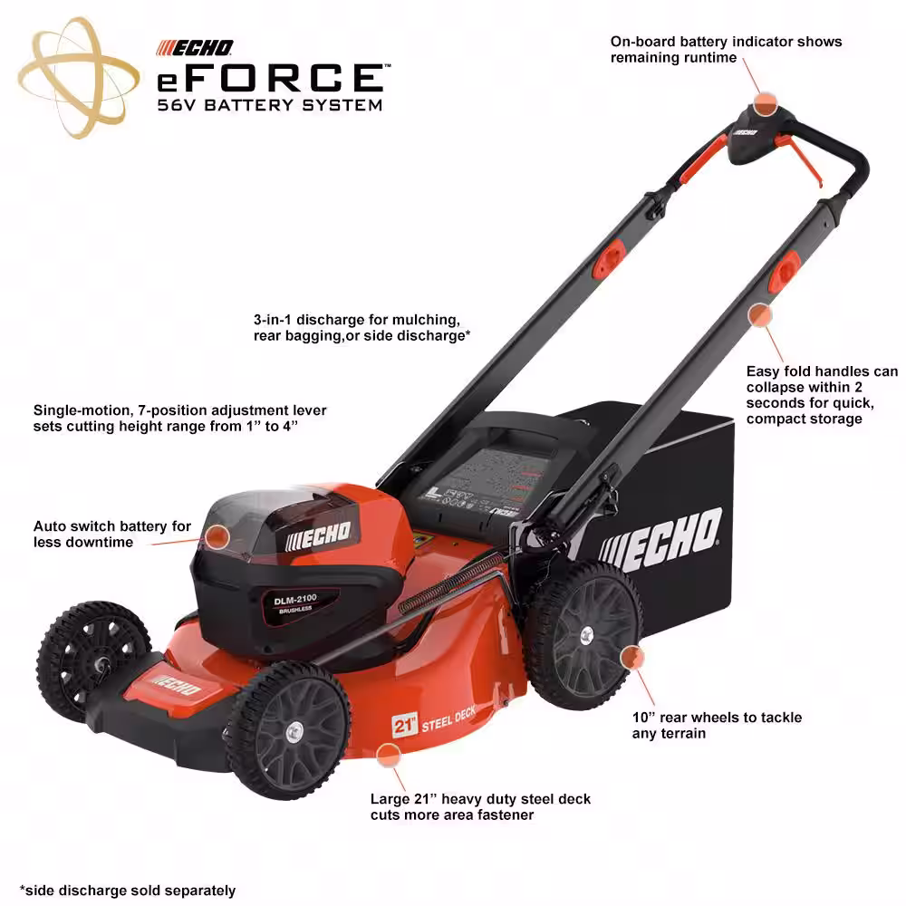 ECHO eFORCE 21 in. 56-Volt Cordless Battery Walk Behind Push Lawn Mower Tool Only