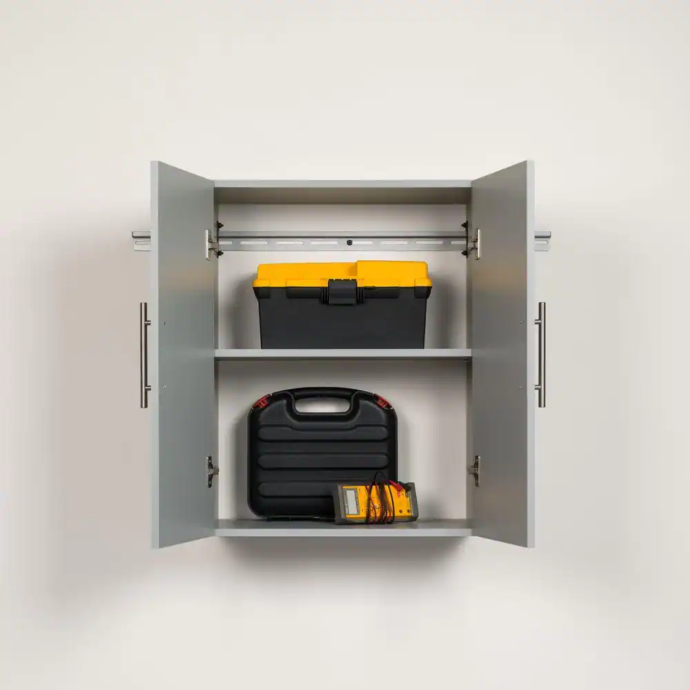 Prepac HangUps Collection Wood 1-Shelf Wall Mounted Garage Cabinet in White and Black (24 in W x 30 in H x 12 in D)