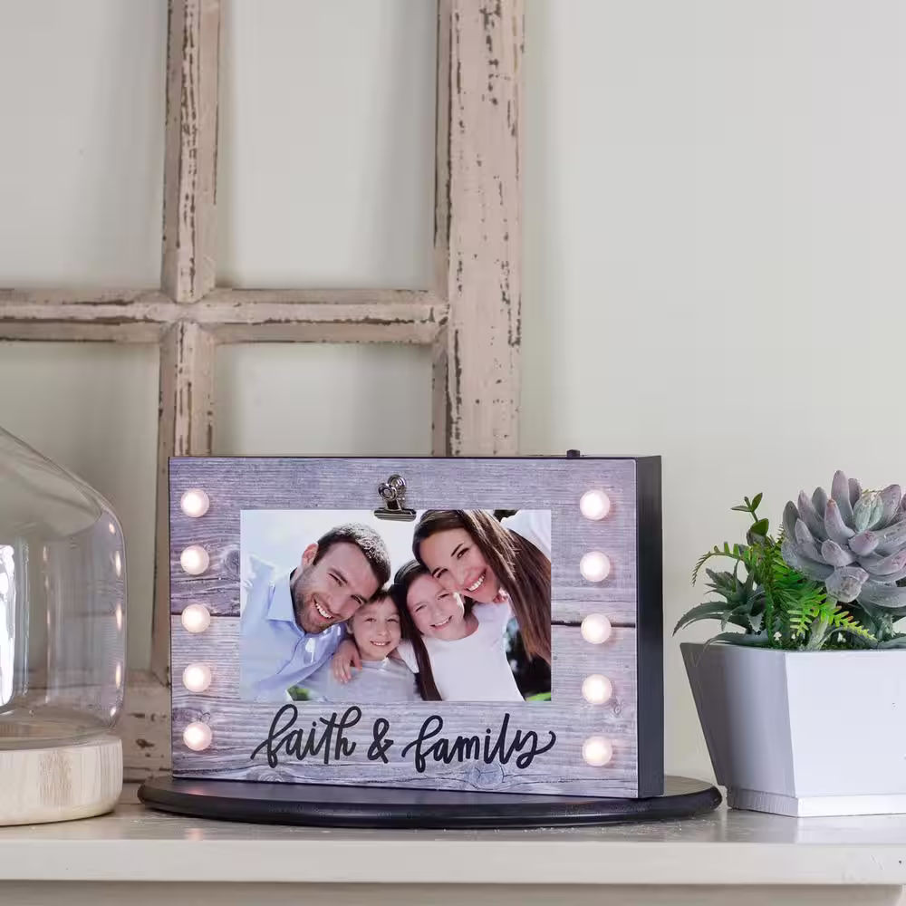 Northlight LED 4 in. x 6 in. Matte Gray Lighted Faith and Family Picture Frame with Clip (for all occasions, New Year's, etc)