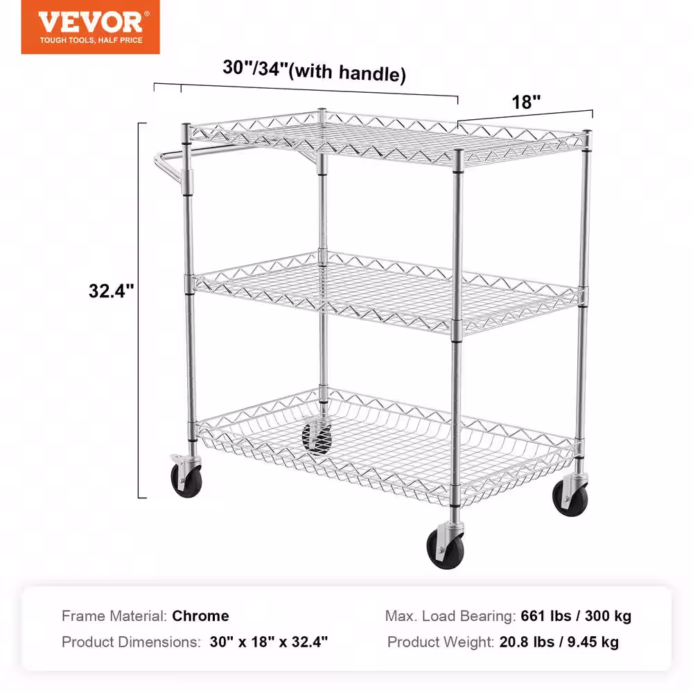 None Kitchen Utility Cart 30 in. Wire Rolling Cart with Wheels Metal Storage Trolley NSF Listed Kitchen Carts,Silver