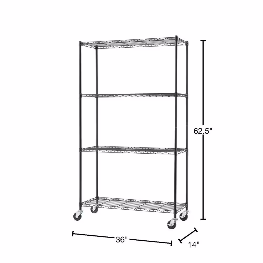 TRINITY EcoStorage Black 4-Tier Rolling Steel Wire Shelving Unit (36 in. W x 63 in. H x 14 in. D)