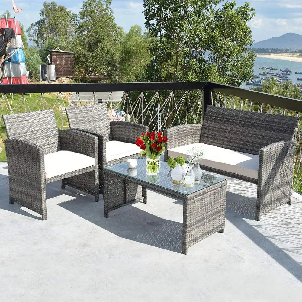 Costway Mix Gray 4-Piece Rattan Wicker Patio Conversation Set with Beige White Cushions Garden Lawn Furniture