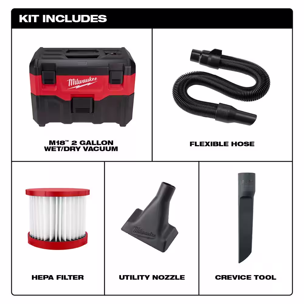 Milwaukee M18 18-Volt 2 Gal. Lithium-Ion Cordless Wet/Dry Vacuum with 2 M18 HIGH OUTPUT 6.0 Ah Batteries and Charger