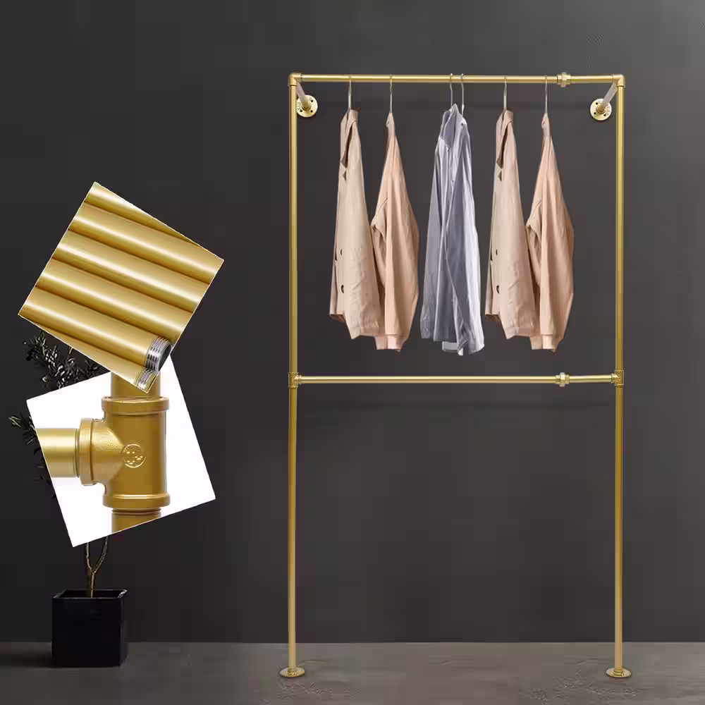 None Gold Simple Pipe Wall Mounted Iron Display Clothes Rack 47.2 in. x 82.67 in.