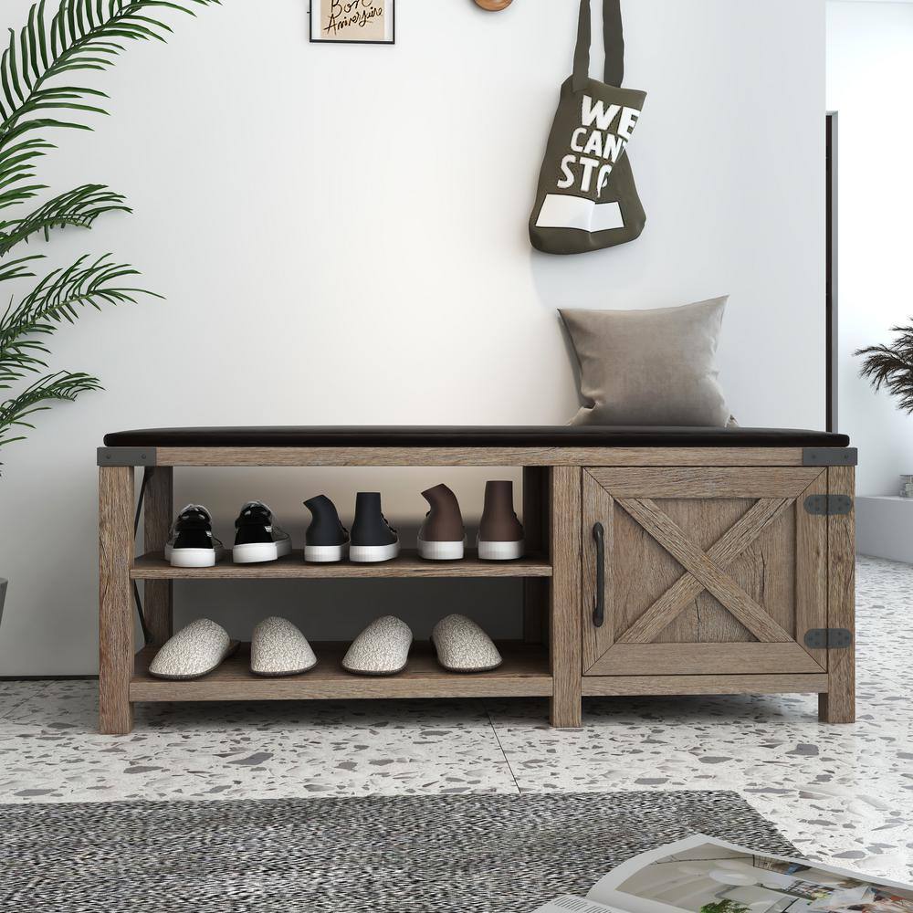 None Modern Farmhouse 18.5 in. H x 47.24 in. W Light Brown Shoe Storage Bench, Tobacco Wood, With Seat Cushion