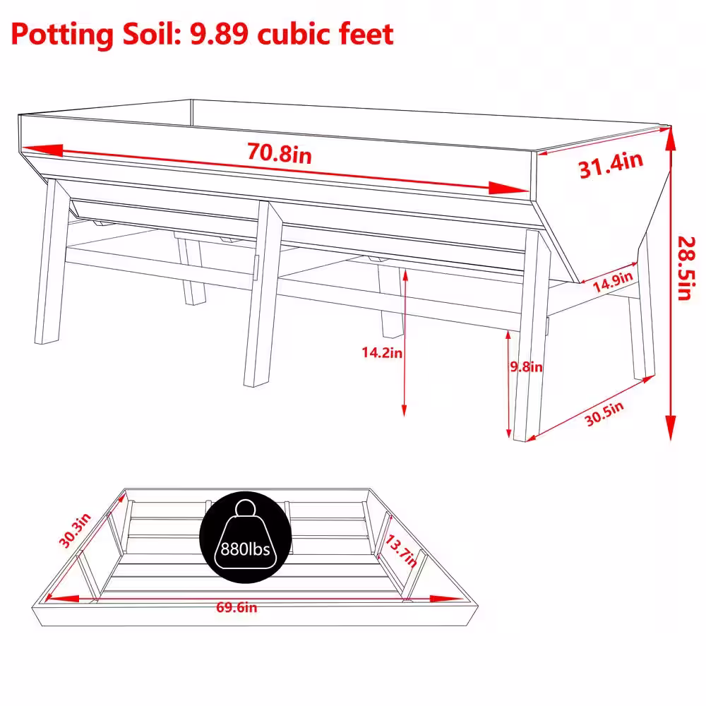 None 71 in. W x 31 in. D x 29 in. H Oversized Dark Grey Wooden Raised Garden Bed with Funnel Design and Liner