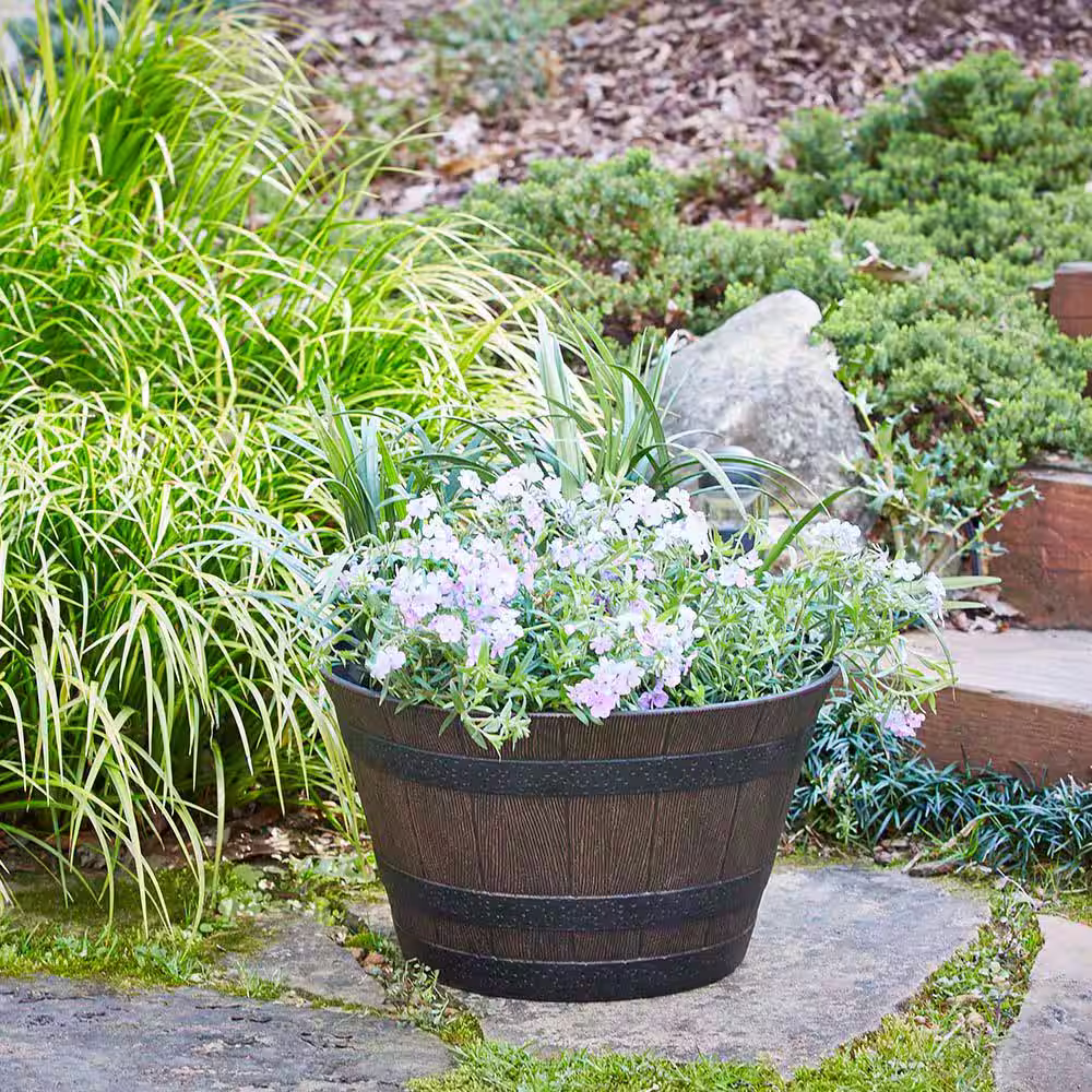 Southern Patio 22.5 in. Dia x 15 in. H 70 qt. Dark Brown High-Density Resin Whiskey Barrel Outdoor Planter with Wheels