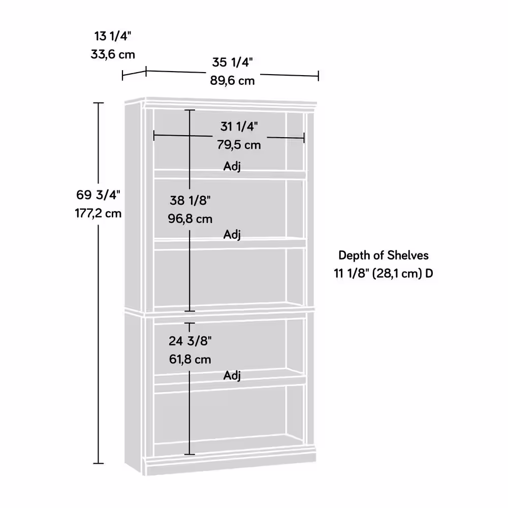 SAUDER 69.76 in. Chestnut Wood 5-shelf Standard Bookcase with Adjustable Shelves