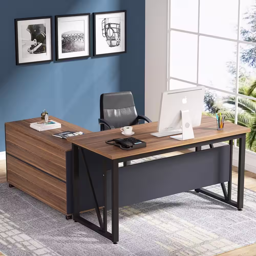 Tribesigns Lantz 55.1 in. L-Shaped Desk Brown Engineered Wood 2-Drawers Executive Desk with File Cabinet
