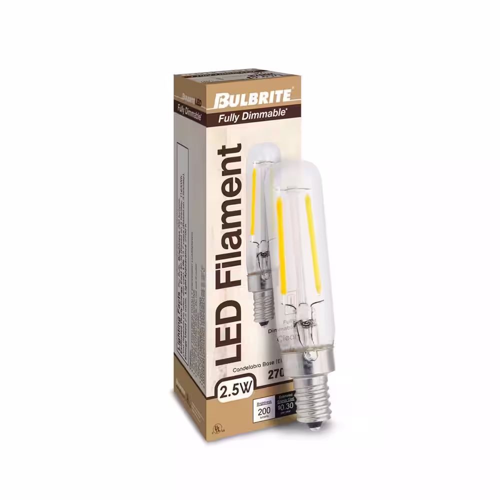 Bulbrite 25-Watt Equivalent T6 Clear Dimmable Edison Clear LED Light Bulb with (E12) Candelabra Screw Base, 2700K(4-Pack)