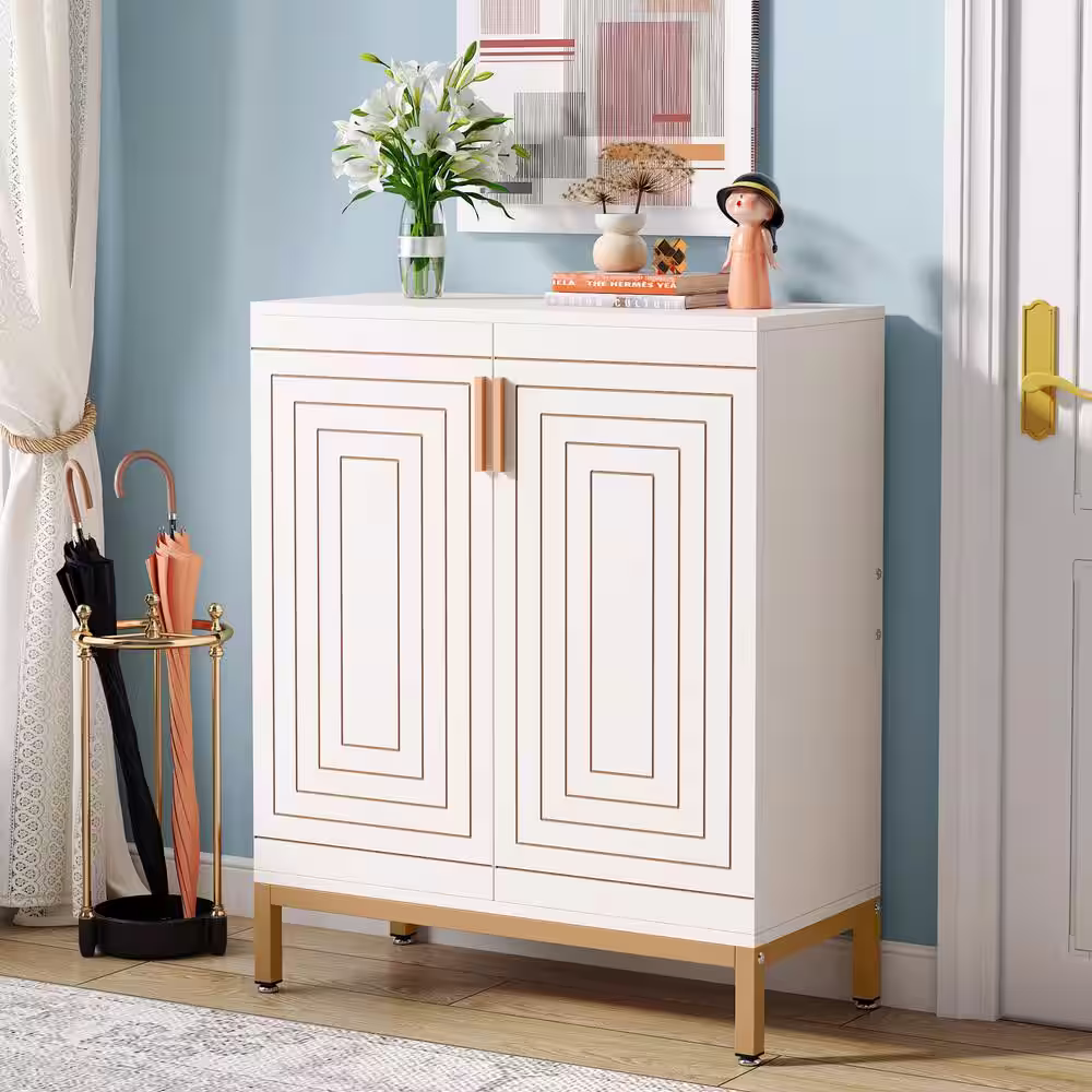 None Lauren White Shoe Cabinet With Doors, Entryway Shoe Storage Cabinet, Modern Free Standing Shoe Racks Storage Organizer