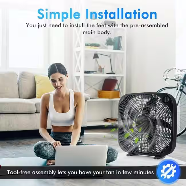 Aoibox 20 in. Box Portable Floor Fan with 3 Speed Settings and Knob Control for Home, Garage, Greenhouse, Workshop