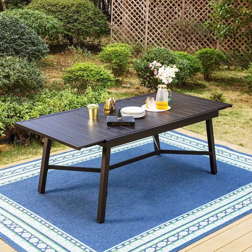 None 9-Piece Metal Outdoor Dining Set with Extensible Rectangular Slat Table and Elegant Stackable Chairs