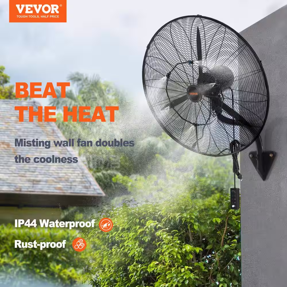 VEVOR Wall-Mount Misting Fan 30 in. 3-Speed High Velocity Max. 9500 CFM Waterproof Oscillating Industrial Wall Fan