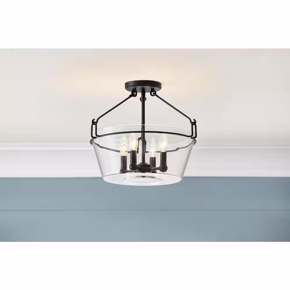 Home Decorators Collection Crestlane 16.5 in. 4-Light Black Semi-Flush Mount Ceiling Light Fixture with Clear Glass