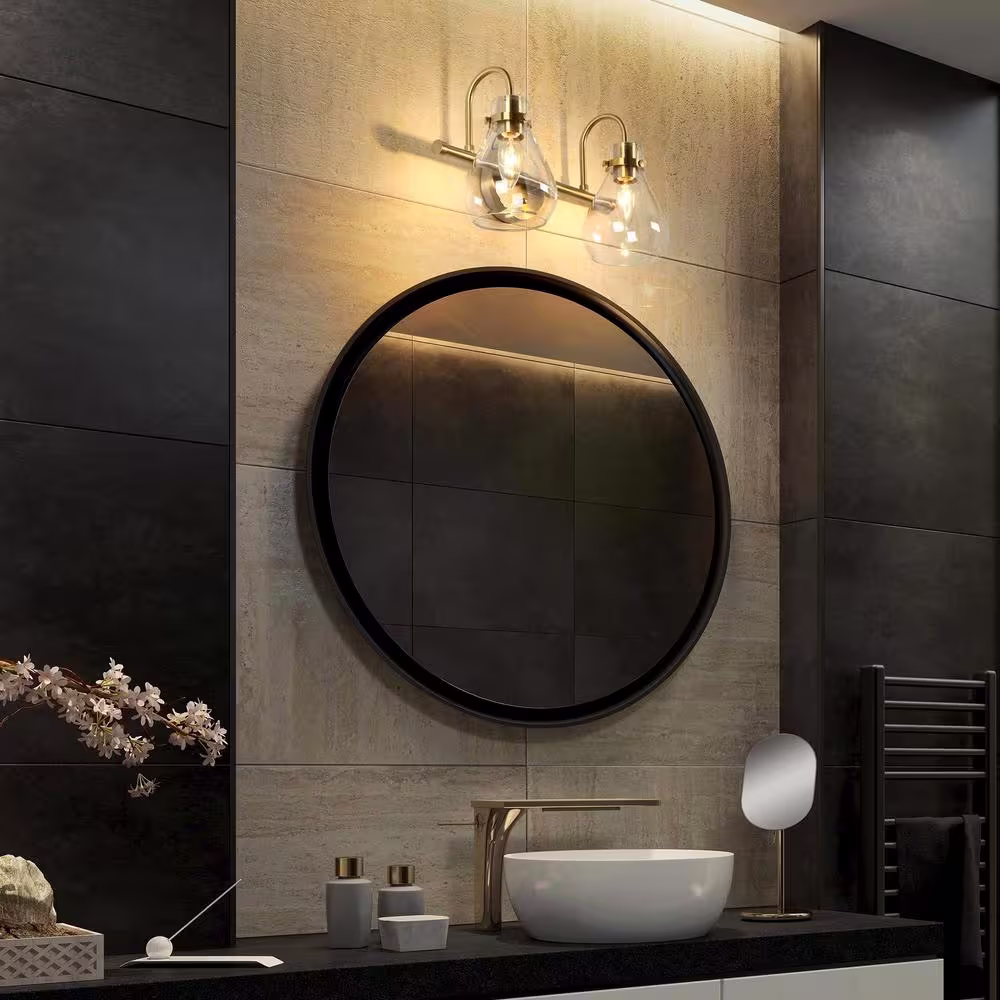 Uolfin Transitional Teardrop Bathroom Vanity Light 2-Light Plating Brass Bell Powder Room Wall Light with Clear Glass Shades