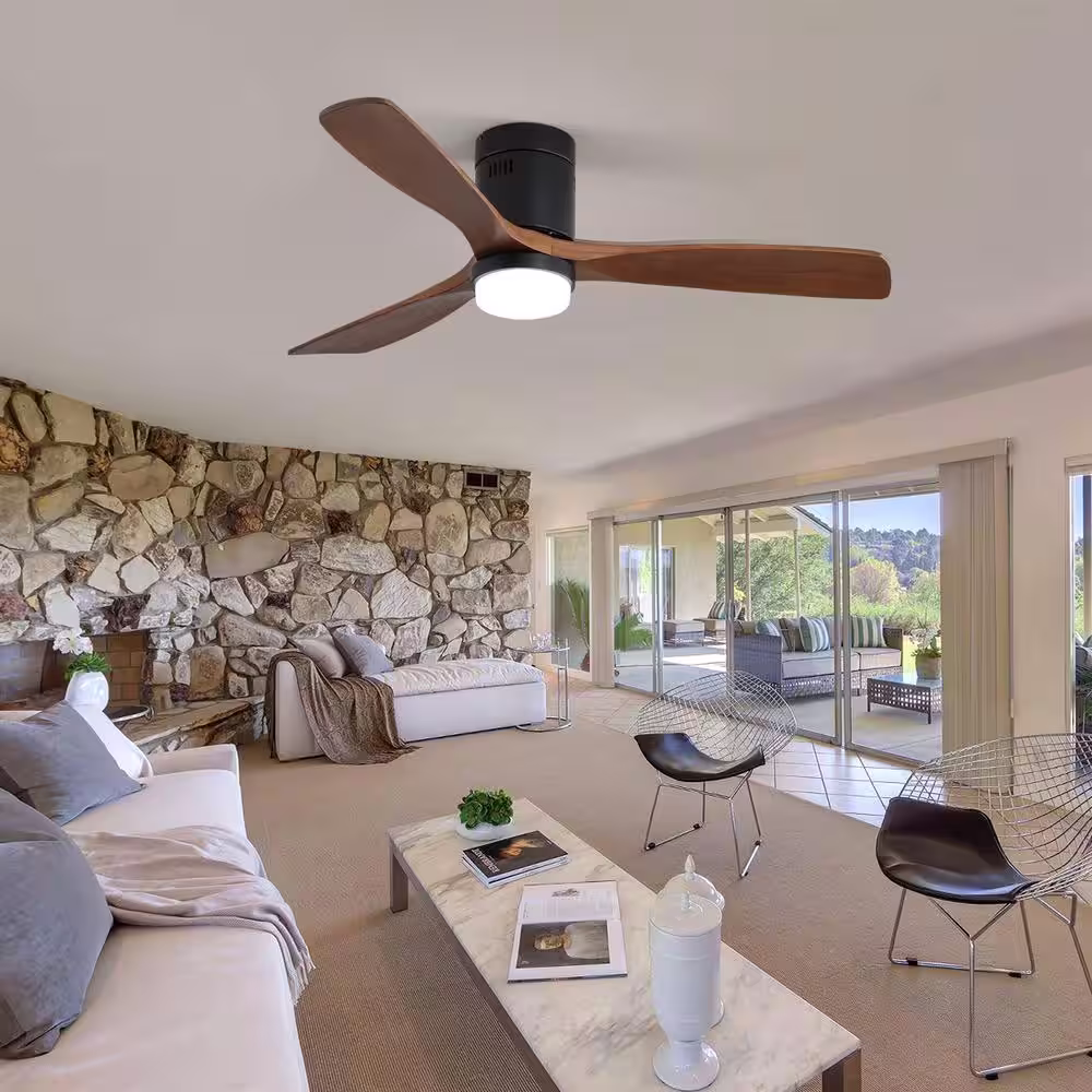 Sofucor 52 in. LED Indoor/Outdoor Flush Mount Smart Matte Black Ceiling Fan with Wood Blades, 6-Speed DC Remote Control