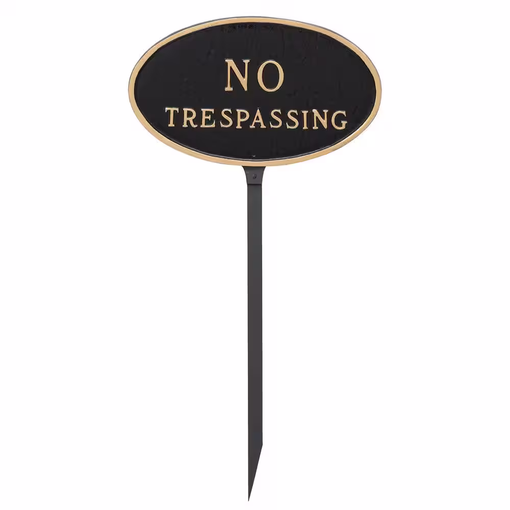 Montague Metal Products 6 in. x 10 in. Small Oval No Trespassing Statement Plaque Sign with 23 in. Lawn Stake, Black with Gold Lettering