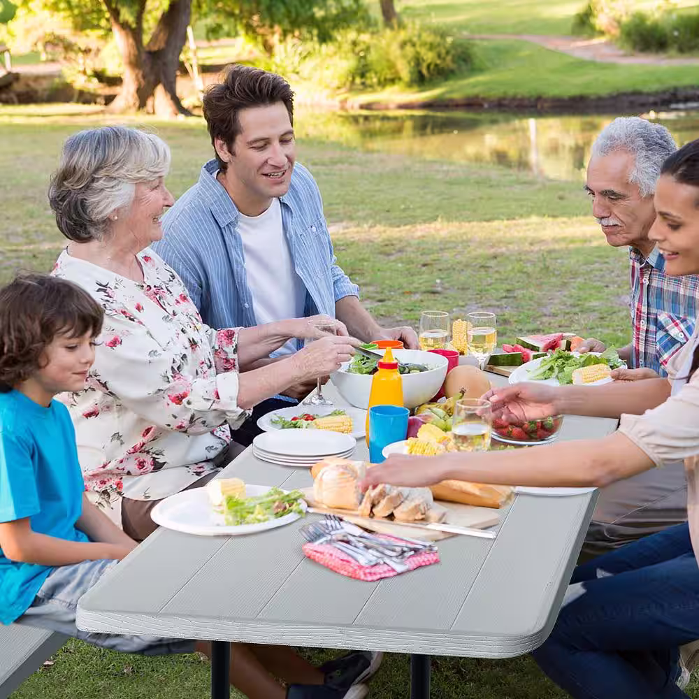 Costway Rectangle Metal Folding Indoor and Outdoor Picnic Table Bench Set with Wood-like Texture Grey