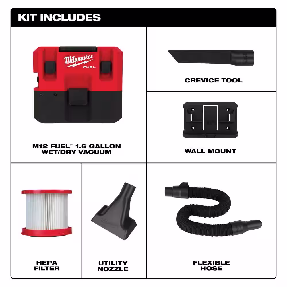 Milwaukee M12 FUEL 12-Volt Lithium-Ion Cordless 1.6 Gal. Wet/Dry Shop Vacuum with M12 FUEL Multi Tool (2-Tool)