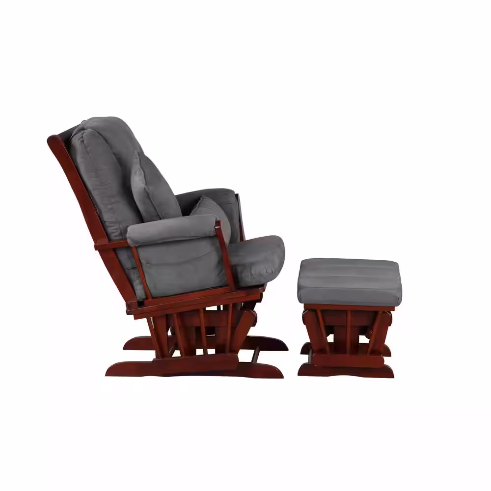 ARTIVA Premium Cherry Bent Wood with Dark Grey Fabric Glider And Ottoman Set With Bonus Back And Arm Pillow