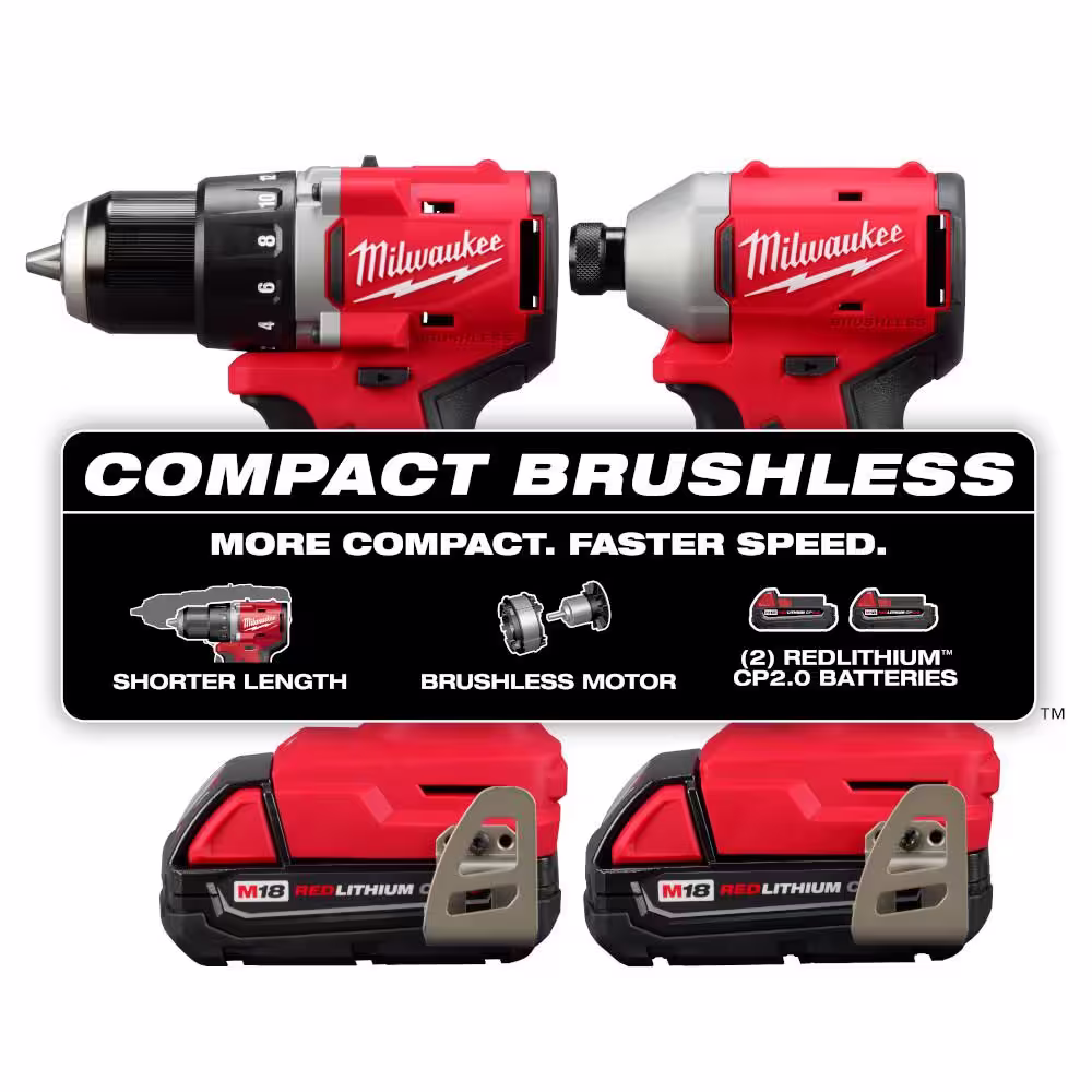 Milwaukee M18 18V Lithium-Ion Brushless Cordless Compact Drill/Impact Combo Kit (2-Tool) with SHOCKWAVE Screw Driver Bit Set