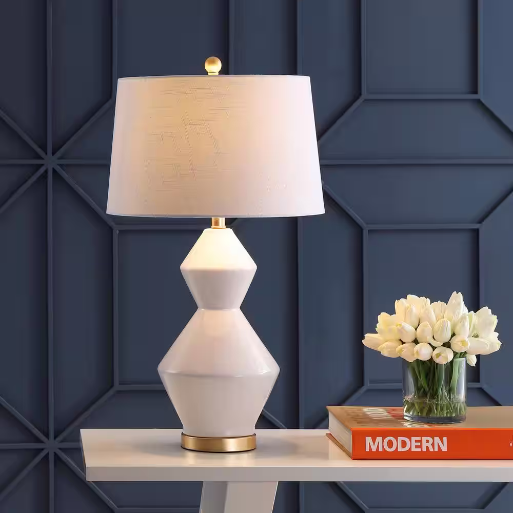 JONATHAN Y Alba 29 in. White/Gold Leaf Geometric Ceramic/Metal LED Table Lamp