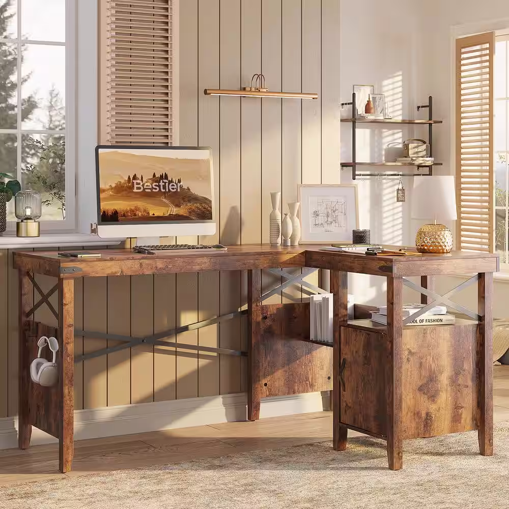None 60 in. Farmhouse L-Shaped Computer Desk with Storage Cabinet and Bookshelf Rustic Brown