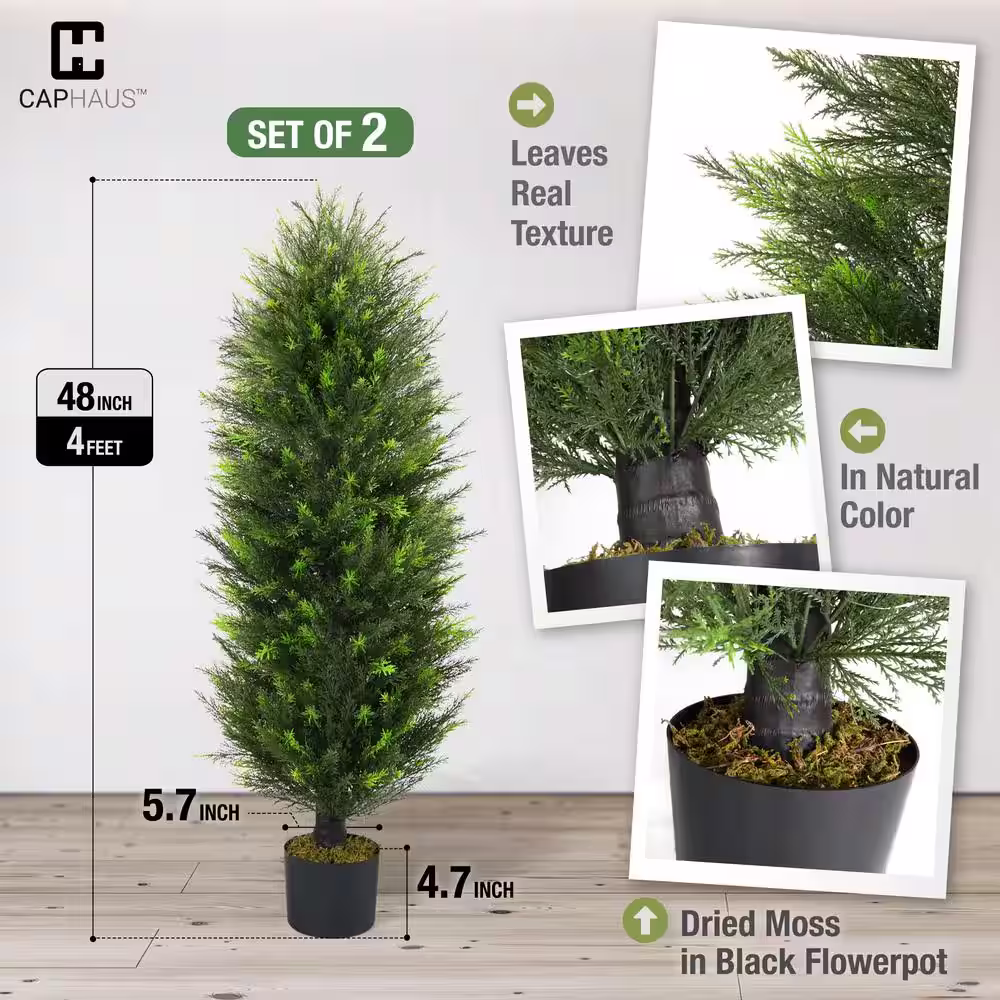 CAPHAUS 4 ft. Green Artificial Cedar Tree, Natural Faux Plants for Outside Planter with Dried Moss, UV Resistant, Set of 2