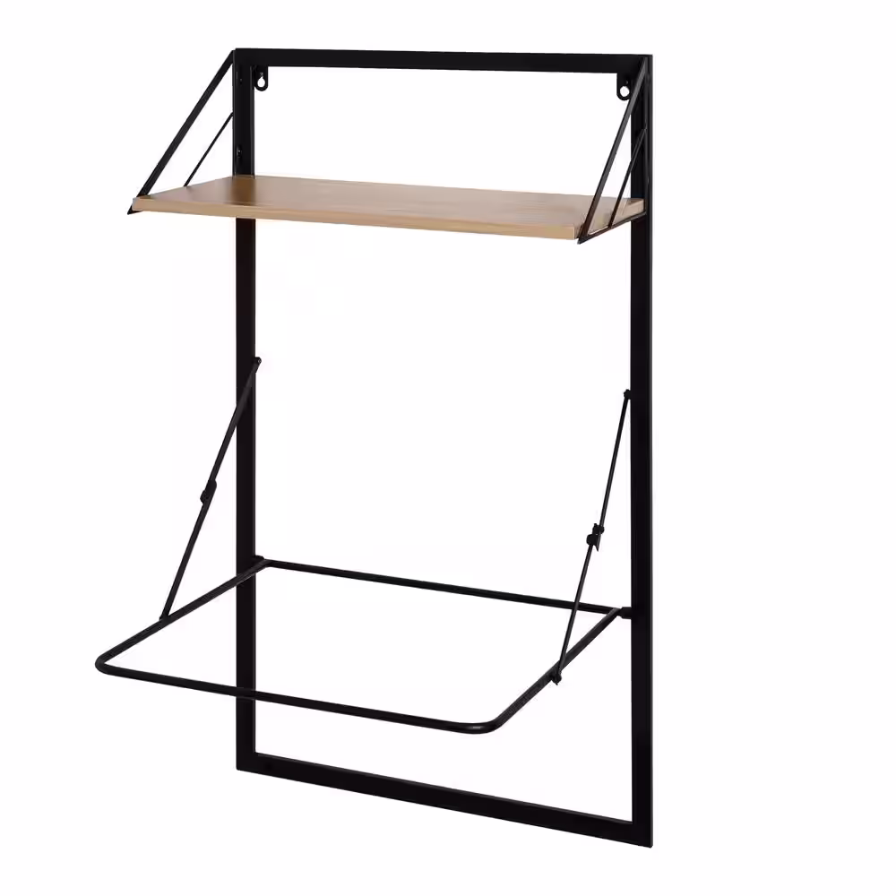 Honey-Can-Do 55 in. H x 18 in. W Collapsible Wall-Mounted Clothes Hamper with Canvas Laundry Bag and Wood Shelf, Black/Natural