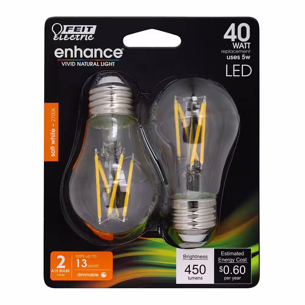 Feit Electric 40-Watt Equivalent A15 Dimmable Filament CEC Title 20 90+ CRI Clear Glass LED Ceiling Fan Light Bulb Soft White (2-Pack)