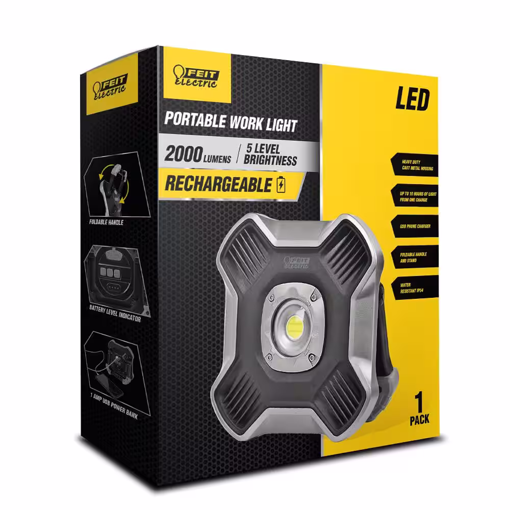 Feit Electric 2000 Lumens Ultra Bright COB Indoor/Outdoor Portable and Rechargeable LED Work Light with Integrated Power Bank (4-Pack)