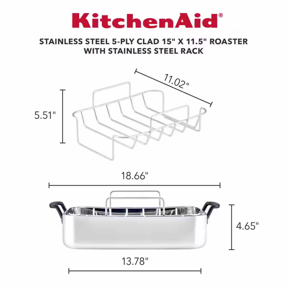 KitchenAid 5-PLY, 10.4 qt., Polished, Stainless Steel, Induction, Roasting Pan with Rack