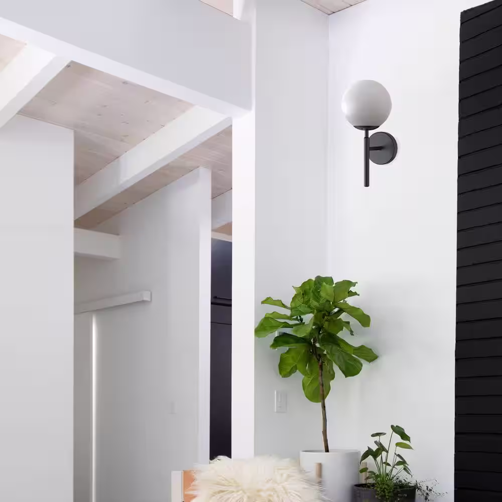YANSUN 5.91 in. 1-Light Black Modern Globe Wall Sconce with Frosted Glass Shade for Bedroom Hallway