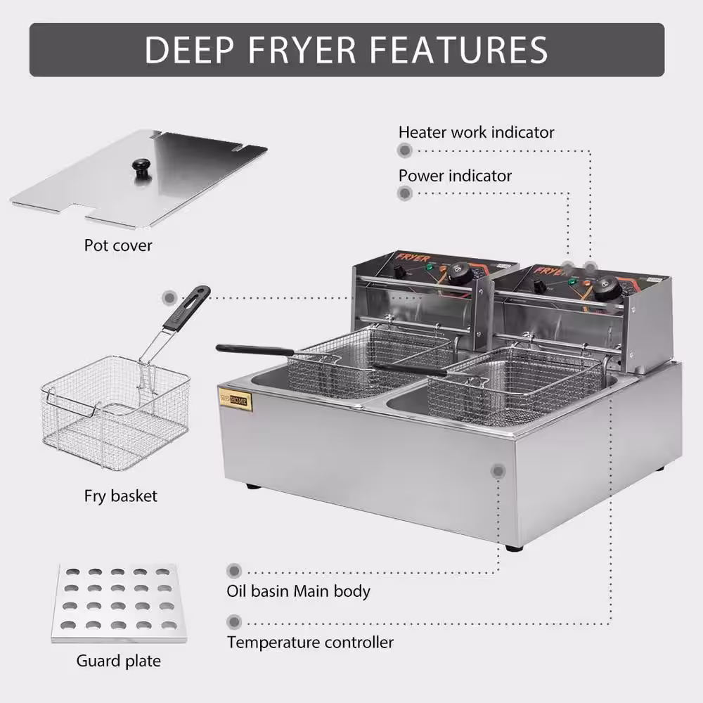 VIVOHOME 20.7 Qt. Stainless Steel Electric Deep Fryer with 2 6.35 Qt. Removable Baskets and Temperature Limiter