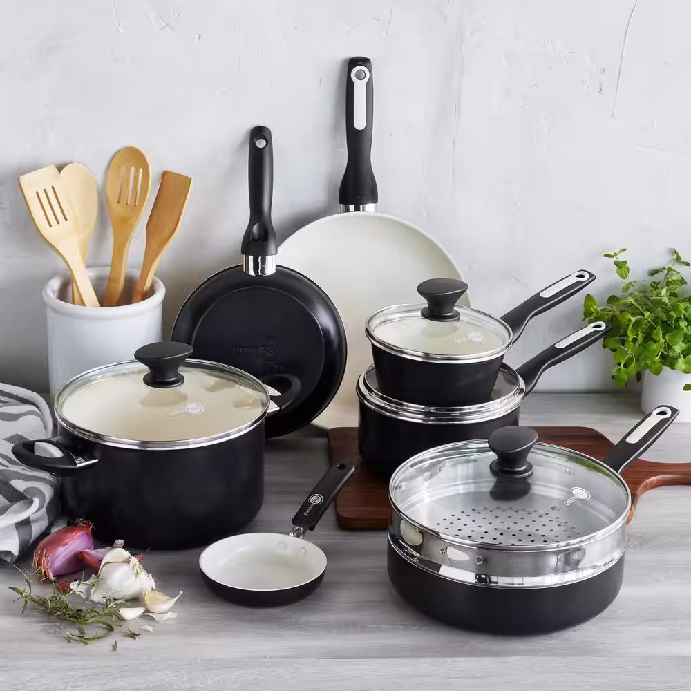 GreenPan Rio 16-Piece Healthy Ceramic Nonstick Cookware Pots and Pans Set in Black
