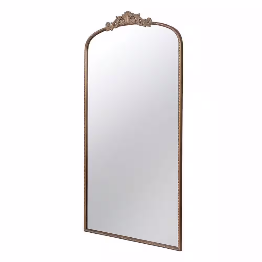 Benjara 2 in. W x 65.2 in. H Brown Arched Wood Frame Wall Mirror with Hand Carved Rose