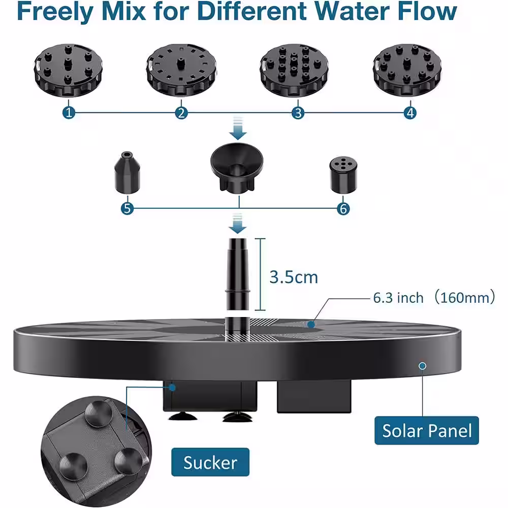 None 2.5-Watt Solar Bird Bath Fountain Pump, Solar Fountain Pump for Bird Bath with 6 Nozzles