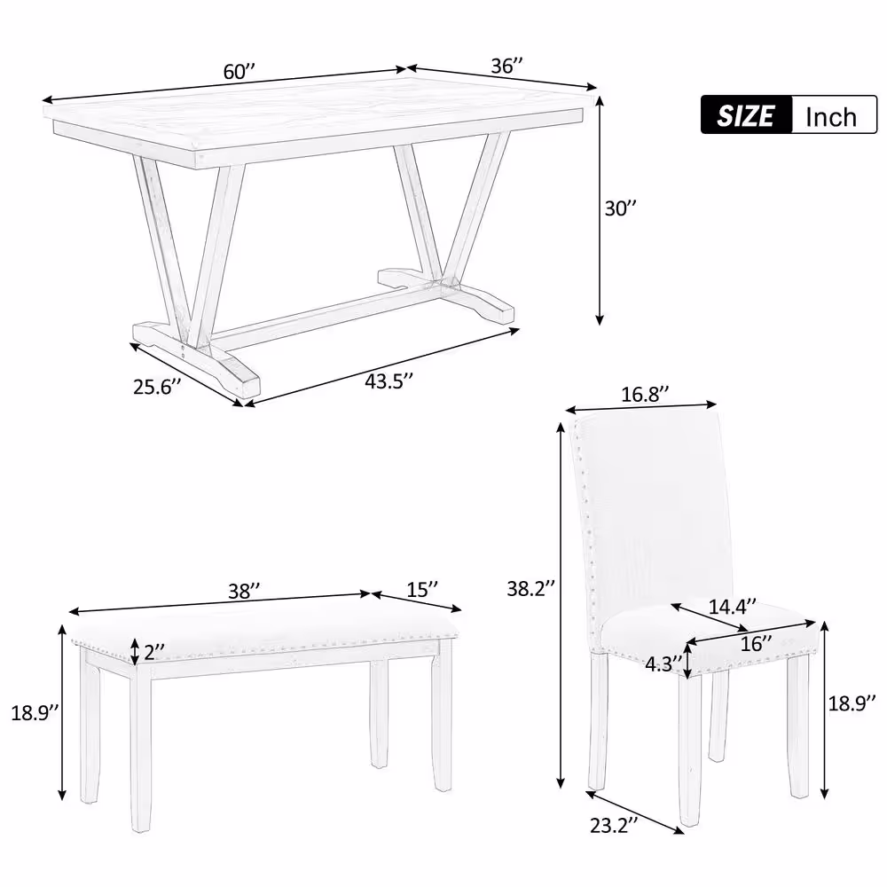 Harper & Bright Designs Modern Style 6-Piece White Marbled Top Dining Set with V-Shaped Table Legs