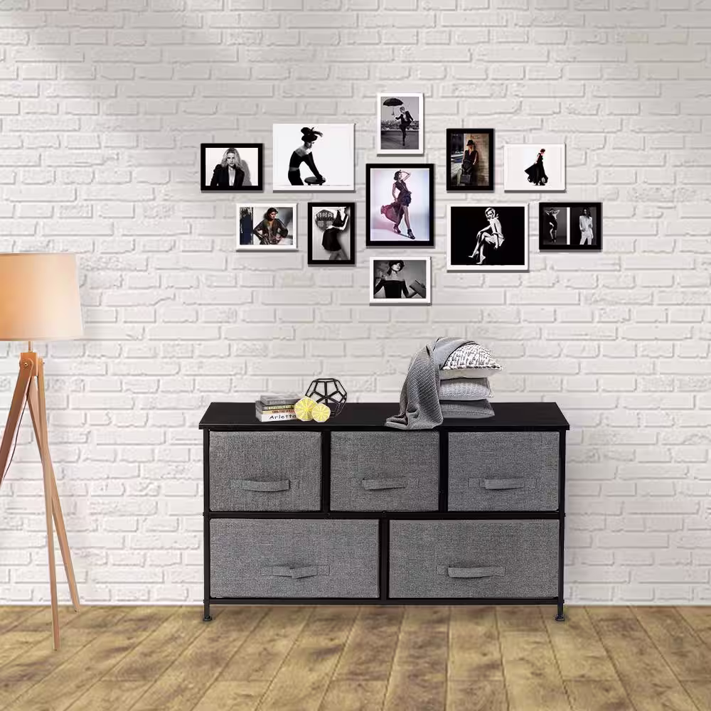 None 11.42 in. W x 21.65 in. H Gray 5-Drawer Fabric Storage Chest with Gray Drawers