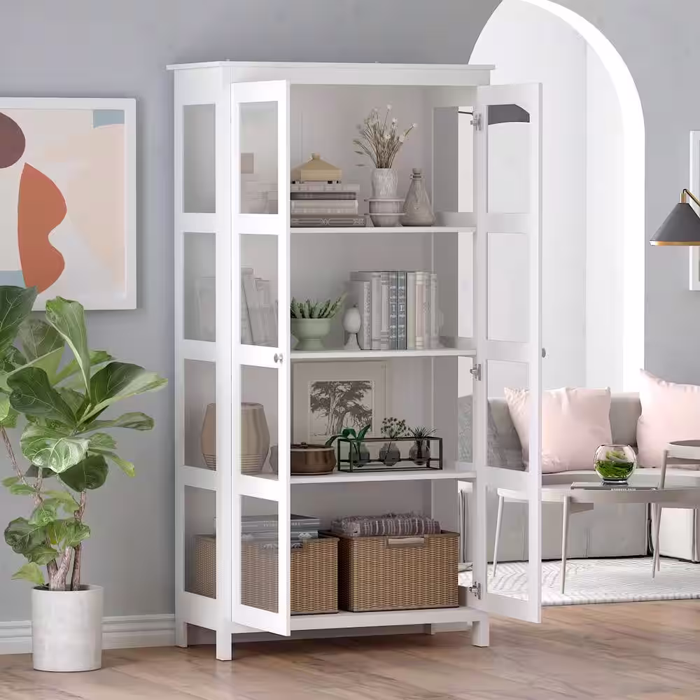 FUFU&GAGA 70.9 in. H White Wood 2-Door Accent Cabinet with 4-Tier Shelves Storage Cabinet Kitchen Pantry Cupboard