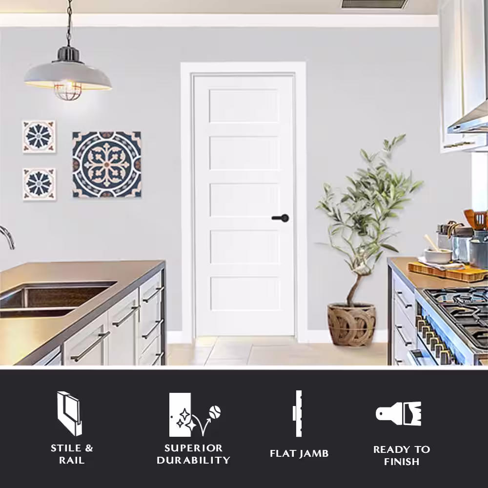 Steves & Sons 28 in. x 80 in. 5-Panel Shaker Left Hand Solid Core White Primed Wood Single Prehung Interior Door with Nickel Hinges
