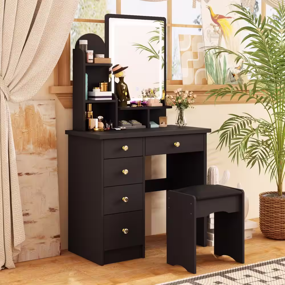 FUFU&GAGA 5-Drawers Black Makeup Vanity Sets Dressing Table Sets With Stool, Mirror, LED Light and 3-Tier Storage Shelves