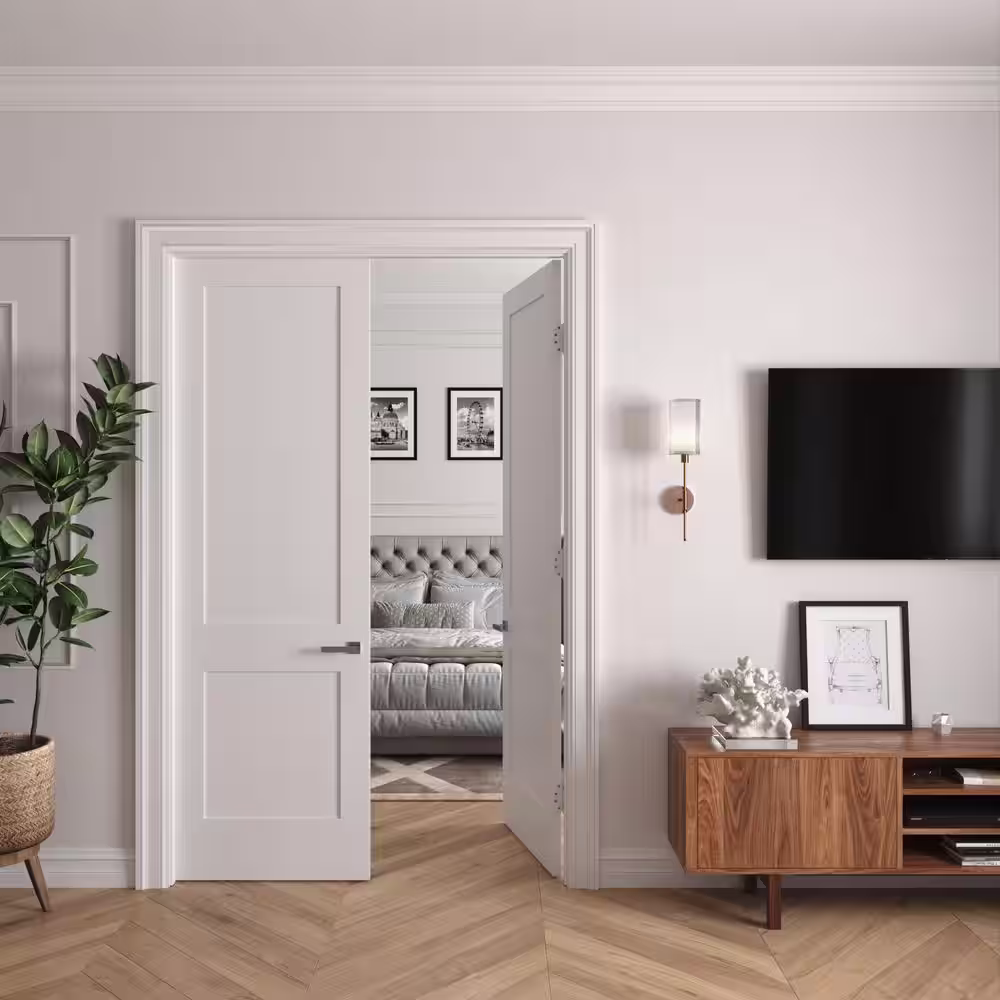 RESO 60 in. x 96 in. Bi-Parting Solid Core Primed White Composite Wood Double Pre-hung interior French Door Satin Nickel