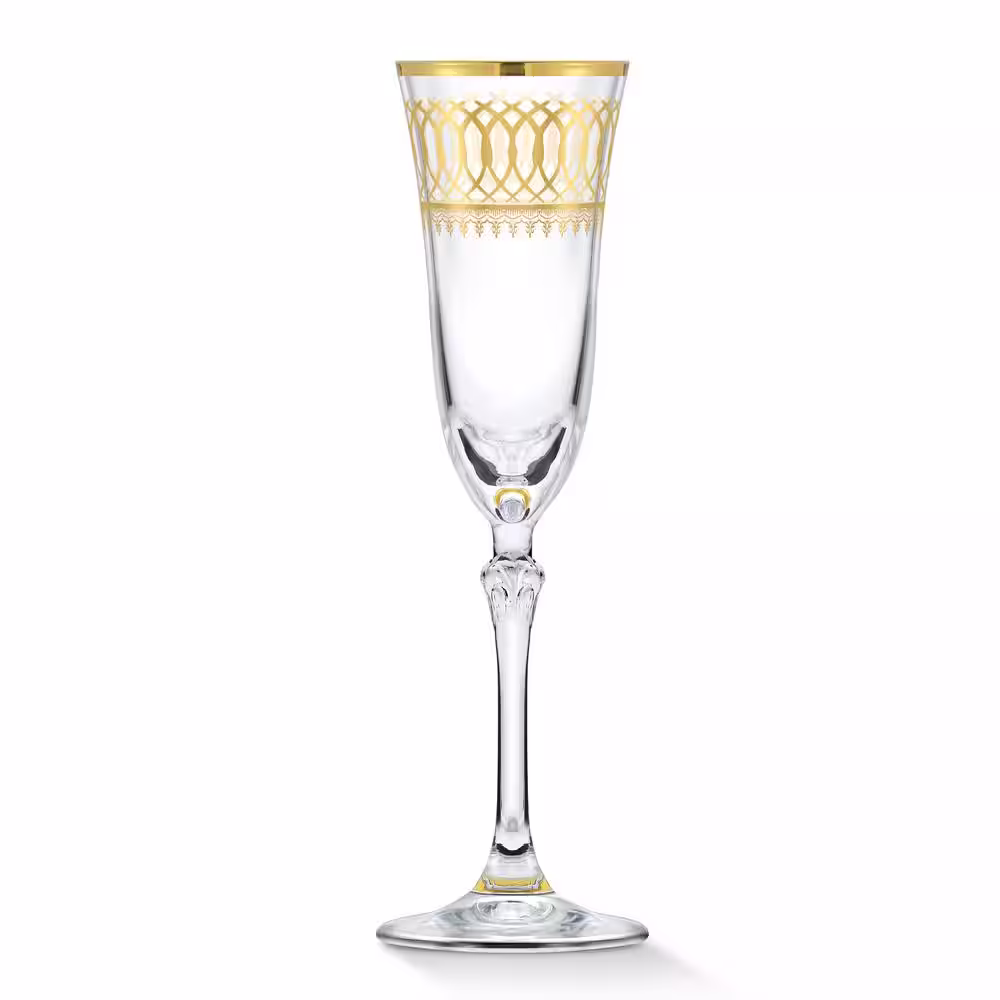 Lorren Home Trends 5 oz. Traditional Champagne Flute Stem Set with Gold Motif (Set of 4)