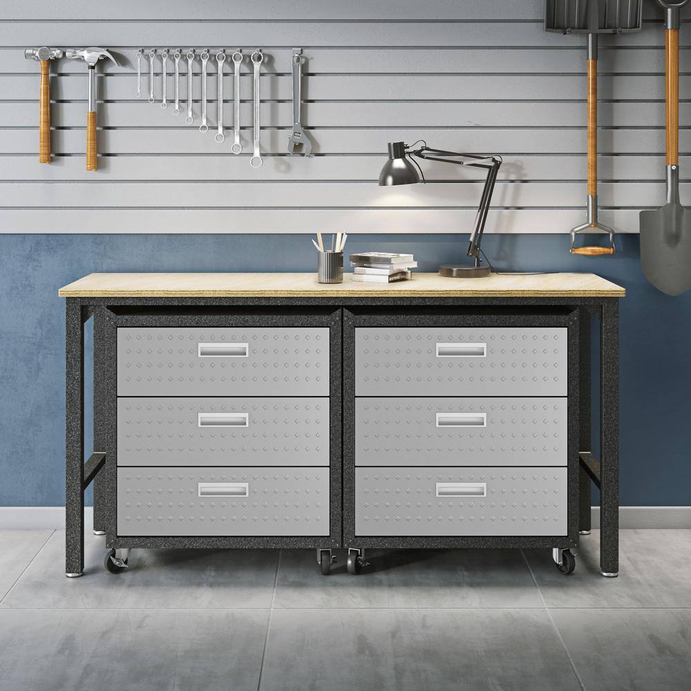 Manhattan Comfort Fortress 37.6 in. H x 72.4 in. W x 20.5 in. D Space-Saving Steel Garage Cabinet Chests and Worktable in Grey (3-Piece)