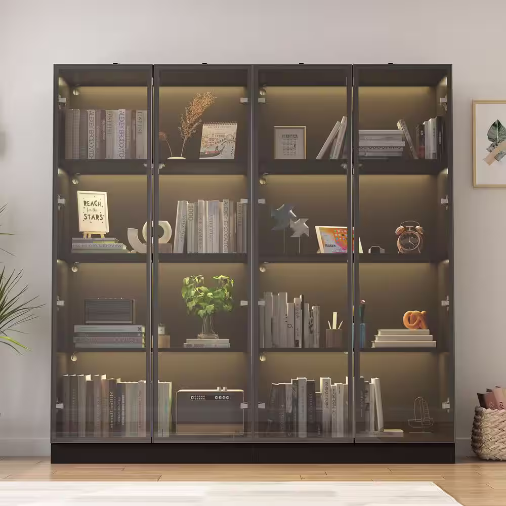 None Black Wood Display Cabinet With Tempered Glass Doors and 3-Color LED Lights