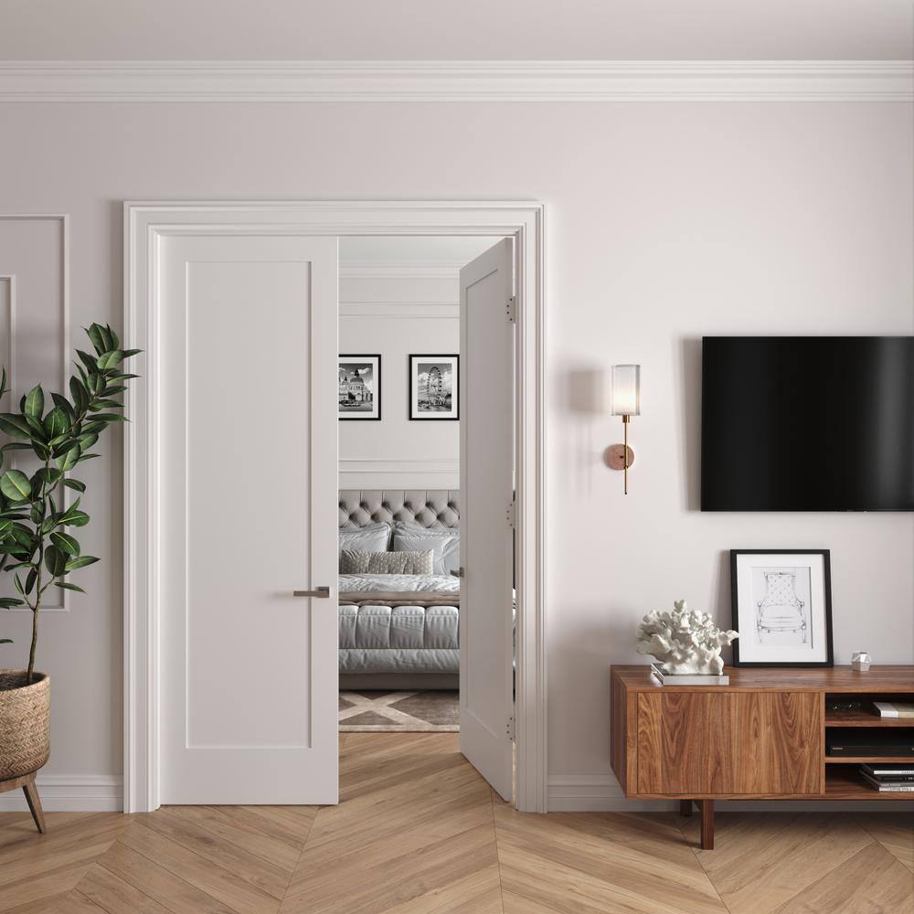RESO 68 In. x 96 In.Bi-Parting Solid Core Primed White Composite Double Pre-hung French Door Catch Ball Polished Nickel Hinge