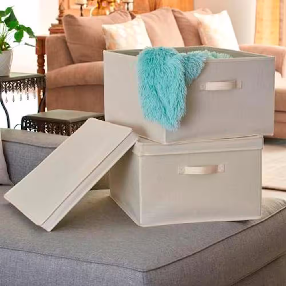 HOUSEHOLD ESSENTIALS 11 Gal. Jumbo Storage Box in Cream Linen (2-Pack)
