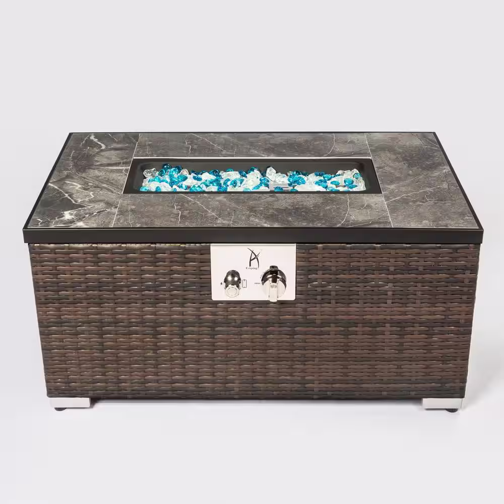 waelph Brown Outdoor Rectangle Rattan Wicker 15 in. H Fire Pit Table
